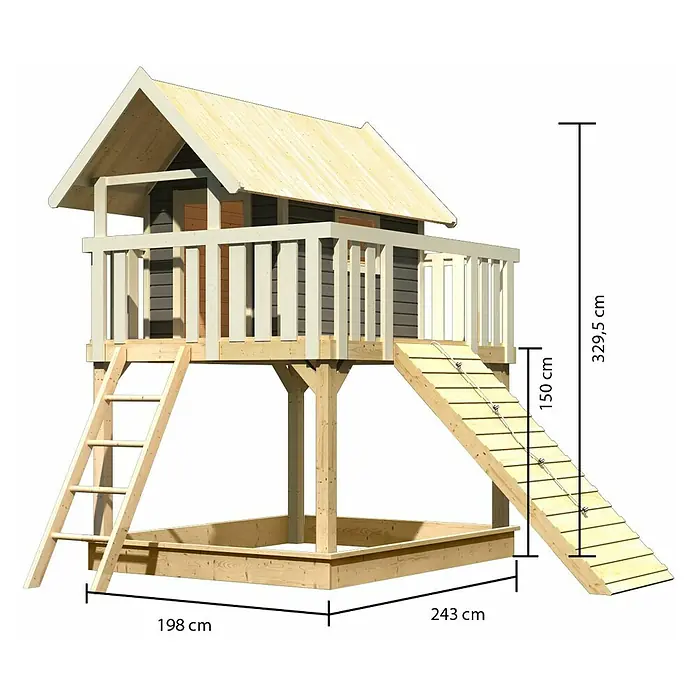 Karibu Kinderspielturm Fidel Set 10 - L x B x H: 243 x 198 x 329,5 cm, Terragrau - Abbildung eines Holzspielhauses mit Sandkasten, Leiter und Rutsche mit Maßangaben.