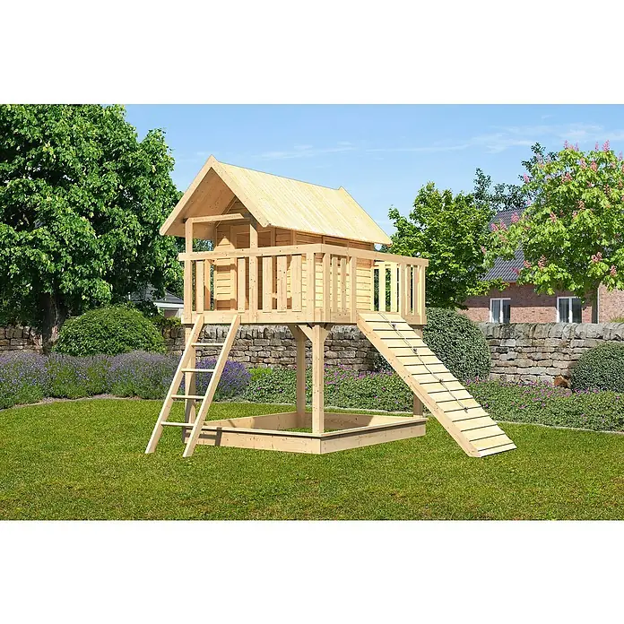 Karibu Kinderspielturm Fidel Set 9 - L x B x H: 243 x 198 x 329,5 cm, Natur - Spielhaus mit Sandkasten und Rutsche. Das robuste Holzhaus mit Leiter und Rutsche bietet Kindern einen sicheren und unterhaltsamen Spielbereich.