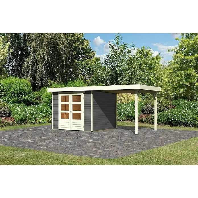 Karibu Gartenhaus Askola 3,5 - Außenmaß inkl. Dachüberstand (B x T): 491 x 262 cm, Holz, Terragrau, Mit Seitendach - Ein stilvolles Gartenhaus mit angebautem Carport bietet Schutz und Stauraum im Freien.