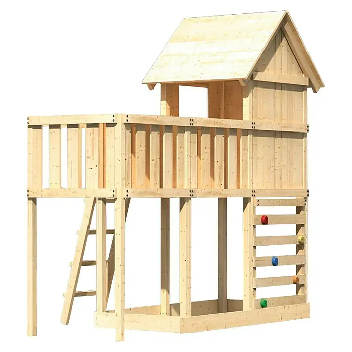 Karibu Kinderspielturm Frieda Set 26 - L x B x H: 107 x 309 x 291 cm, Natur - Ein hölzernes Kinderspielhaus mit Kletterwand und Leiter bietet Kindern vielfältige Spielmöglichkeiten im Freien.