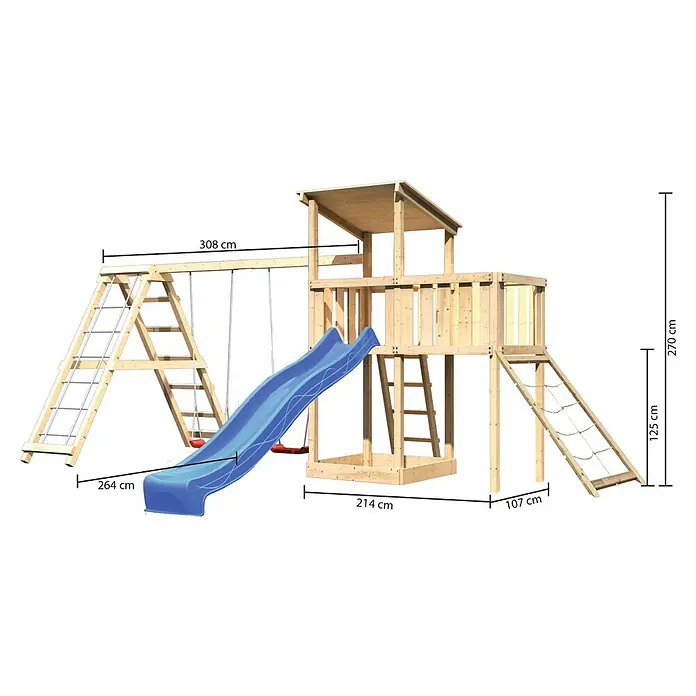 Karibu Kinderspielturm Anna Set 49 - L x B x H: 264 x 522 x 270 cm, Natur - Bild eines Holzspielplatzes mit Rutsche, Schaukel und Klettergerüst, inklusive Maßangaben zur Größe.