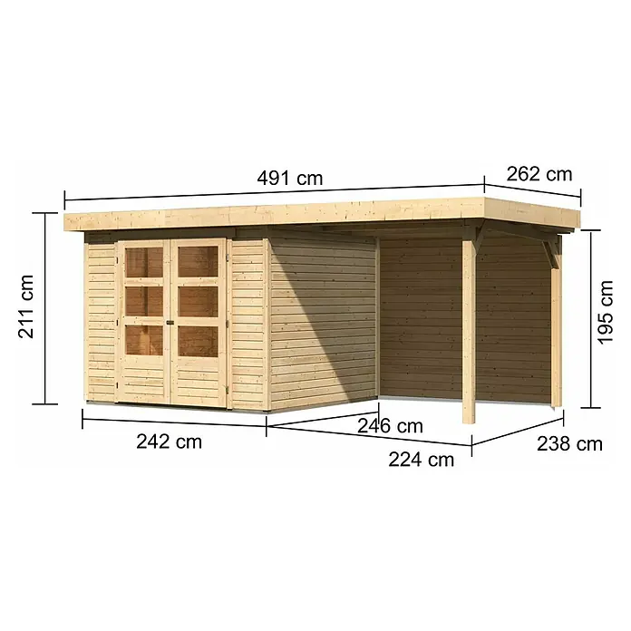 Karibu Gartenhaus Askola 3,5 - Außenmaß inkl. Dachüberstand (B x T): 491 x 262 cm, Holz, Natur, Mit Seitendach und Rückwand - Abbildung eines Holzgartenhauses mit den Maßen 491 cm x 262 cm, 211 cm hoch, mit überdachtem Terrassenbereich und Doppeltür.