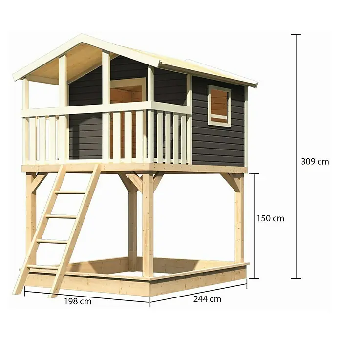 Karibu Spielhaus Benjamin Set 2 - L x B x H: 244 cm x 198 mm x 309 cm, Holz, Terragrau - Abbildung des Spielhauses mit Leiter und Sandkasten. Die Maße des Hauses sind ebenfalls angegeben.