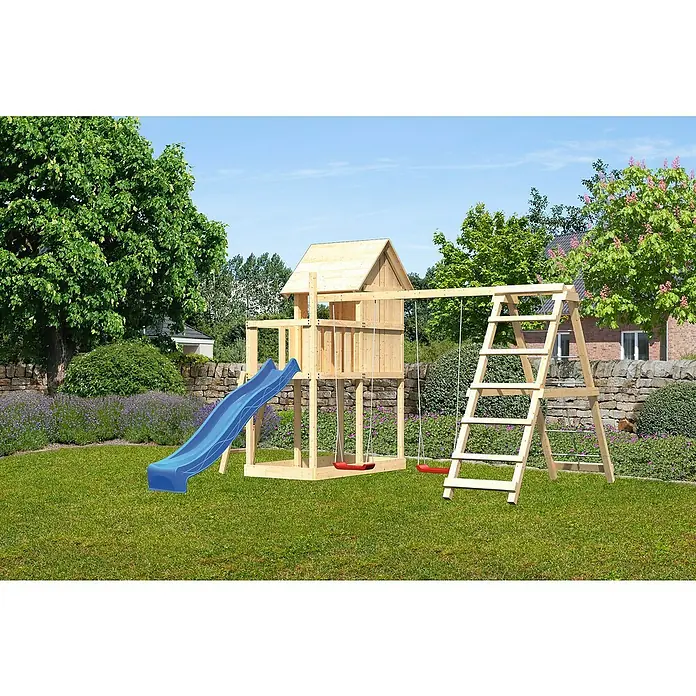 Karibu Kinderspielturm Frieda Set 11 - L x B x H: 264 x 347 x 291 cm, Natur - Holzspielplatz mit Rutsche und Schaukel für Kinder im Garten.