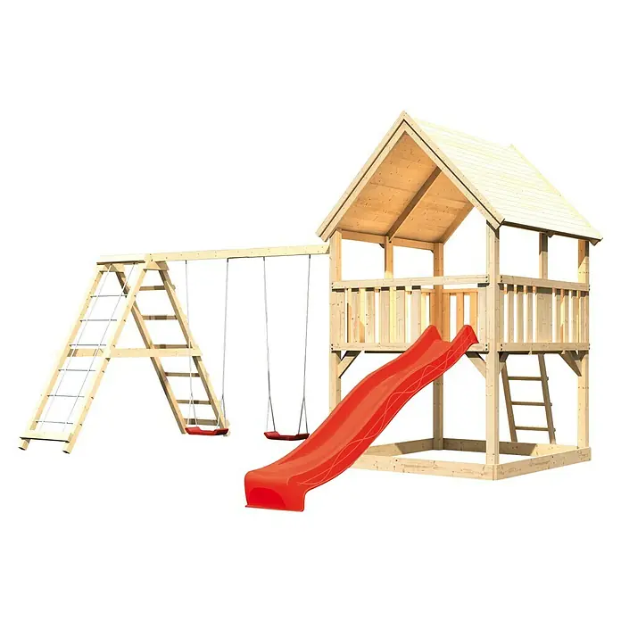 Karibu Kinderspielturm Luis Set 11 - L x B x H: 264 x 508 x 345 cm, Natur/Rot - Eine Holzspielanlage mit Schaukeln, Leiter, Rutsche und einem zweistöckigen Spielhaus, ideal für stundenlangen Spielspaß im Garten.