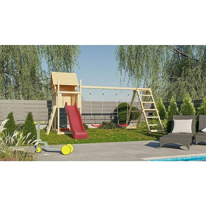 Karibu Kinderspielturm Frieda Set 12 - L x B x H: 264 x 347 x 291 cm, Natur - Kinderspielplatz mit Schaukel, Rutsche und Turm im Garten, neben einer Liege und einem Kinderroller für Spiel und Entspannung.