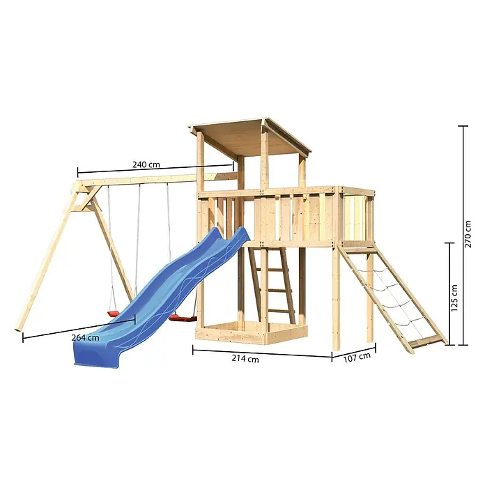 Karibu Kinderspielturm Anna Set 47 - L x B x H: 264 x 454 x 270 cm, Natur - Abbildung eines hölzernen Spielplatzes mit Schaukeln, Rutsche, Kletterwand und Turm, inklusive Maßangaben für jede Komponente.