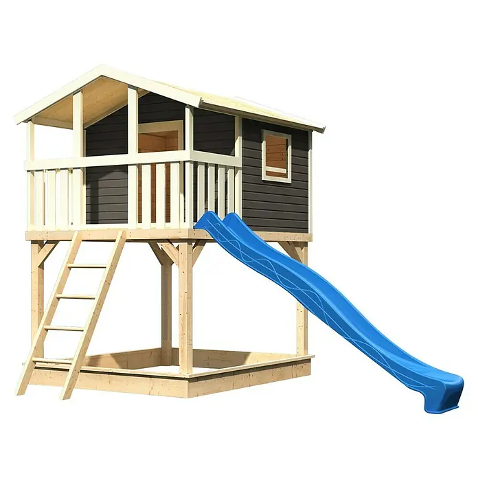 Karibu Spielhaus Benjamin Set 5 - L x B x H: 244 cm x 198 mm x 309 cm, Holz, Terragrau - Abenteuerlicher Spielturm mit Rutsche und Sandkasten für stundenlangen Spielspaß im Freien.