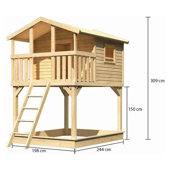 Karibu Spielhaus Benjamit Set 1 - L x B x H: 244 cm x 198 mm x 309 cm, Holz, Natur - Abbildung eines Baumhauses mit Sandkasten und den Maßen 309 cm Höhe, 244 cm Länge und 198 cm Breite.