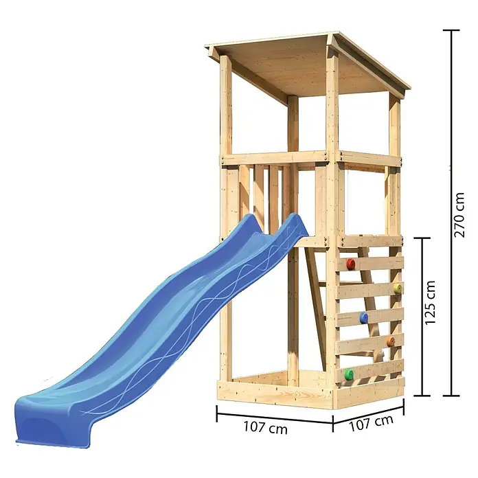 Karibu Kinderspielturm Anna Set 17 - L x B x H: 107 x 107 x 270 cm, Natur - Holz-Spielturm mit blauer Rutsche, Kletterwand und den Maßen 107x107x270 cm. Ideal für Spielplätze und Gärten.