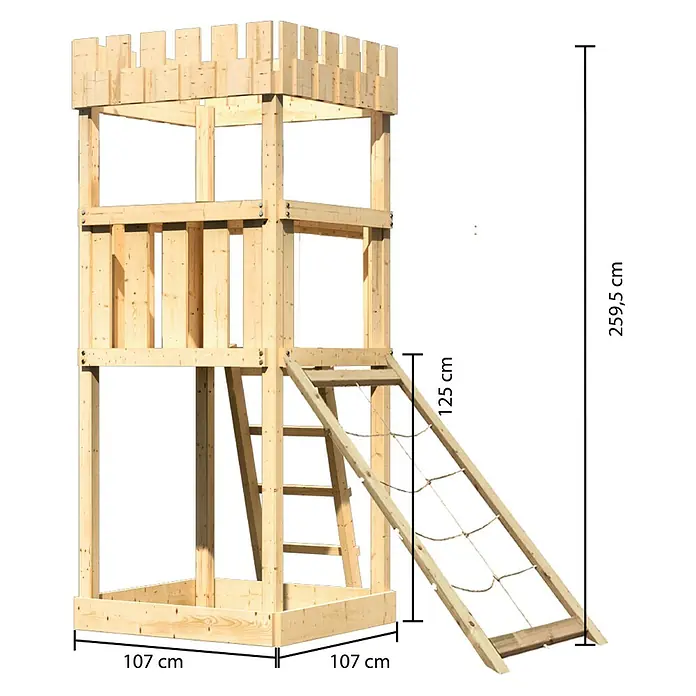 Karibu Kinderspielturm Ritterburg Löwenherz Set 7 - L x B x H: 107 x 107 x 259,5 cm, Natur - Bild eines hölzernen Spielturms mit Klettergerüst und den Maßen 107x107x259,5cm, sowie 125cm für das Klettergerüst.