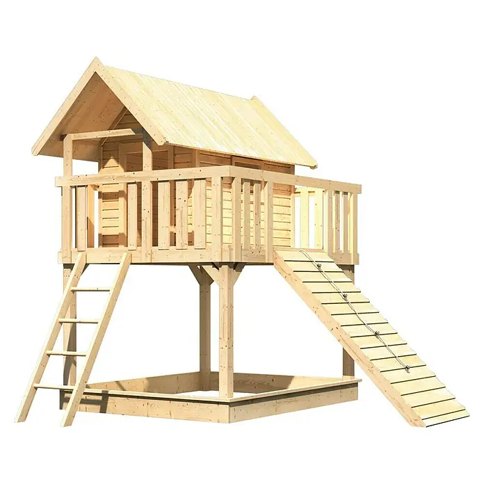 Karibu Kinderspielturm Fidel Set 9 - L x B x H: 243 x 198 x 329,5 cm, Natur - Abenteuerlicher Spielturm aus Holz mit Sandkasten, Leiter und Rampe für fantasievolle Outdoor-Aktivitäten im eigenen Garten.