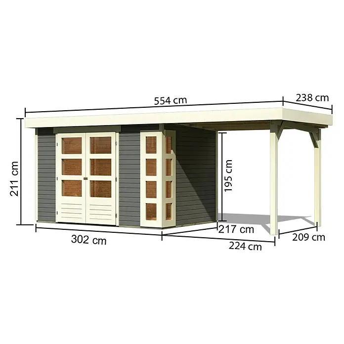 Karibu Gartenhaus Kerko 4 - Außenmaß inkl. Dachüberstand (B x T): 554 x 238 cm, Holz, Terragrau, Mit Seitendach - Abbildung eines Gartenhauses mit den Maßangaben in Zentimetern.