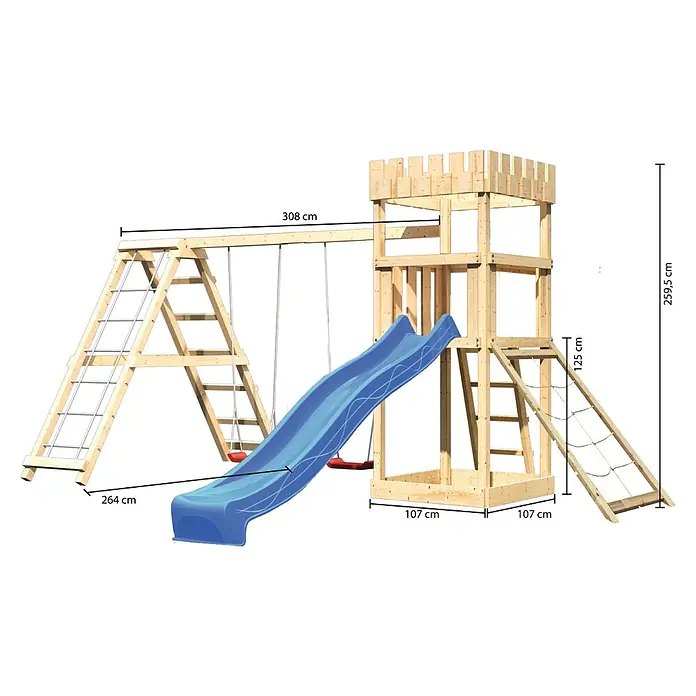 Karibu Kinderspielturm Ritterburg Löwenherz Set 33 - L x B x H: 264 x 415 x 259,5 cm, Natur/Blau - Abbildung eines Spielturms mit Rutsche, Schaukel und Klettergerüst, inklusive Maßangaben.\n