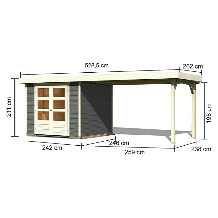 Karibu Gartenhaus Askola 3,5 - Außenmaß inkl. Dachüberstand (B x T): 491 x 262 cm, Holz, Terragrau, Mit Seitendach - Abbildung eines Holzschuppens mit Carport und Maßangaben zu Länge, Höhe und Breite in Zentimetern.