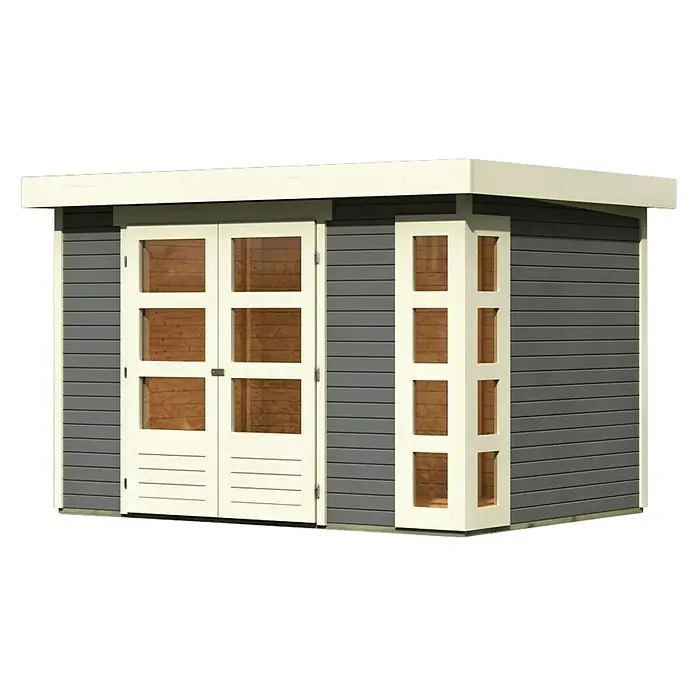 Karibu Gartenhaus Kerko 4 - Außenmaß inkl. Dachüberstand (B x T): 330 x 238 cm, Holz, Terragrau - Ein graues Gartenhaus mit weißen Akzenten, darunter Doppeltüren und einem Fenster, das modernes Design und Funktionalität vereint.