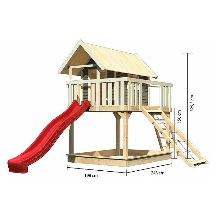 Karibu Kinderspielturm Fidel Set 14 - L x B x H: 243 x 198 x 329,5 cm, Terragrau/Rot - Abbildung eines Spielhauses aus Holz mit Rutsche und Sandkasten, ideal für Kinder zum Spielen und Spaß haben.