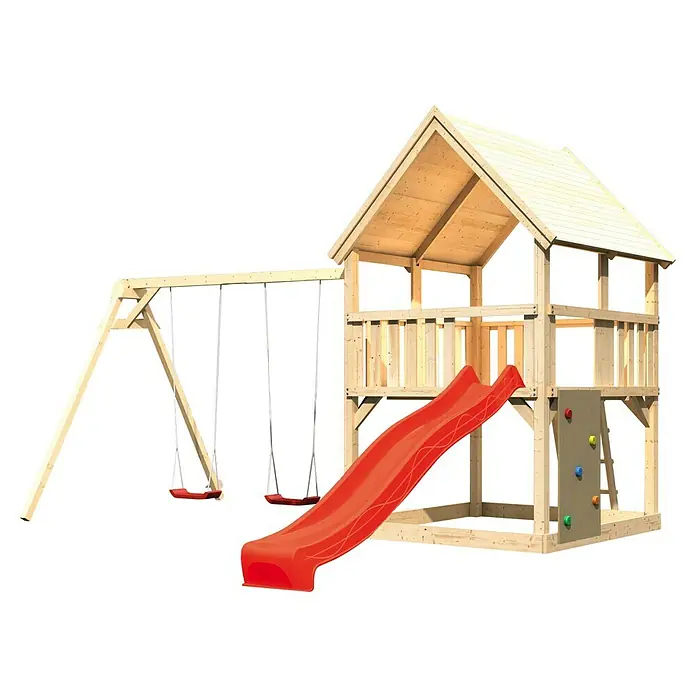 Karibu Kinderspielturm Luis Set 25 - L x B x H: 264 x 440 x 345 cm, Natur/Rot - Holzspielplatz mit Schaukel, Rutsche und Kletterwand. Ein tolles Spielgerät für Kinder zum Austoben im Garten.