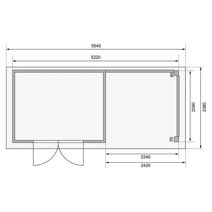 Karibu Gartenhaus Kerko 4 - Außenmaß inkl. Dachüberstand (B x T): 554 x 238 cm, Holz, Natur, Mit Seitendach und Rückwand - Grundrisszeichnung eines modernen Gartenhauses mit präzisen Maßangaben für Planung und Bau. Die Grafik zeigt Details der Raumaufteilung.