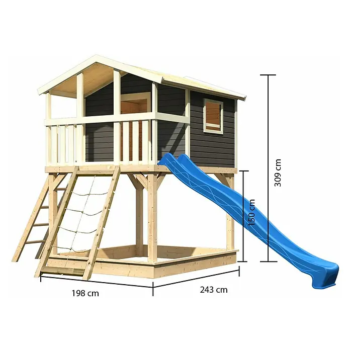 Karibu Spielhaus Benjamin Set 13 - L x B x H: 244 cm x 198 mm x 309 cm, Holz, Terragrau - Ein helles Holzspielhaus mit Rutsche und Abmessungen für den Garten, ideal für Kinder zum Spielen und Klettern im Freien.