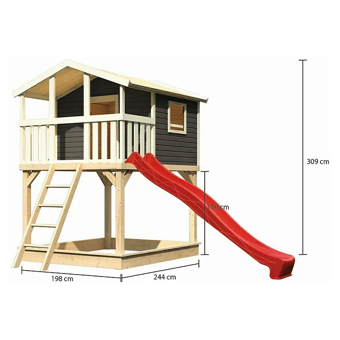 Karibu Spielhaus - L x B x H: 244 cm x 198 mm x 309 cm, Holz, Terragrau, Mit Rutsche & Leiter - Ein detailreiches Bild eines Spielhauses mit Rutsche und Sandkasten, das zum Spielen im Freien einlädt.