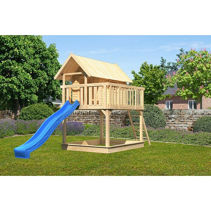 Karibu Kinderspielturm Fidel Set 3 (L x B x H: 243 x 198 x 329,5 cm, Natur/Blau) | BAUHAUS