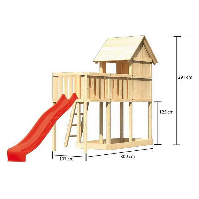 Karibu Kinderspielturm Frieda Set 14 - L x B x H: 107 x 309 x 291 cm, Natur - Abbildung eines Holzspielhauses mit Rutsche und Maßangaben. Ideal für den Garten, bietet das Spielhaus Kindern stundenlangen Spaß im Freien.