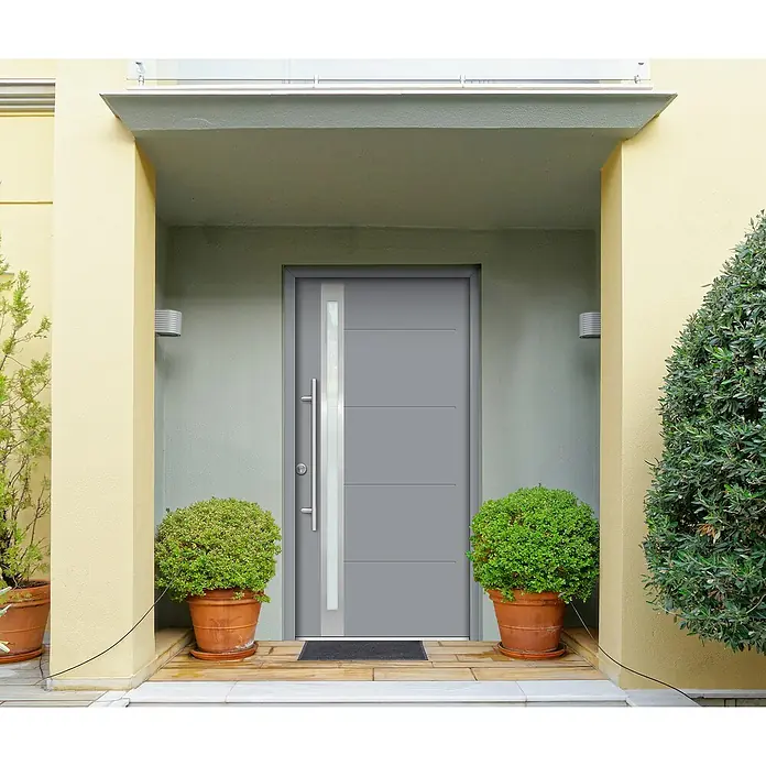 Splendoor Haustür Thermodoor PLUS SP30 - 100 x 210 cm, DIN Anschlag: Links, Verkehrsgrau - Moderne graue Haustür mit senkrechtem Fensterband und langem, silberfarbenem Griff. Top-Haustür für stilvolle Hauseingänge.