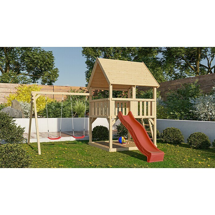 Karibu Kinderspielturm Luis Set 9 (L x B x H: 264 x 440 x 345 cm, Natur/Rot) | BAUHAUS