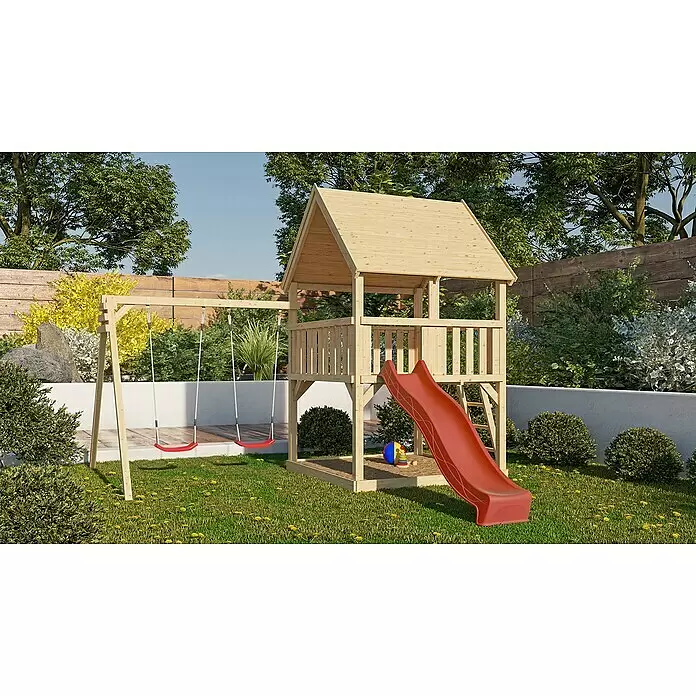 Karibu Kinderspielturm Luis Set 9 - L x B x H: 264 x 440 x 345 cm, Natur/Rot - Hölzerner Outdoor-Spielplatz mit Haus, roter Rutsche und zwei Schaukeln.