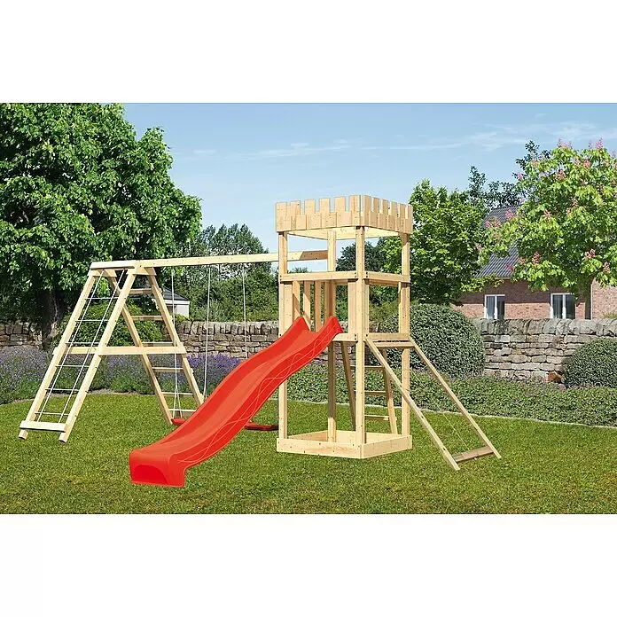 Karibu Kinderspielturm Ritterburg Löwenherz Set 34 - L x B x H: 264 x 415 x 259,5 cm, Natur/Rot - Stimmungsaufnahme