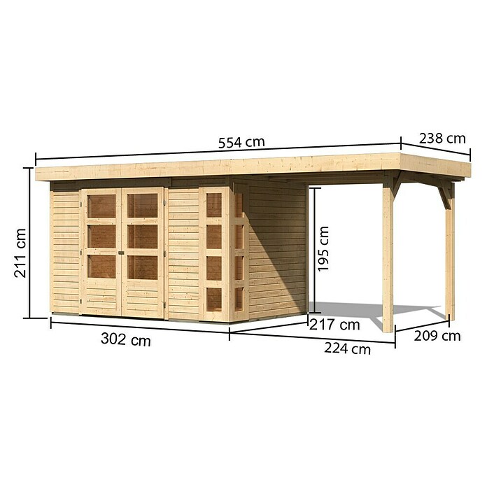 Karibu Gartenhaus Kerko 4 (Außenmaß inkl. Dachüberstand (B x T): 554 x 238 cm, Holz, Natur, Mit Seitendach) | BAUHAUS