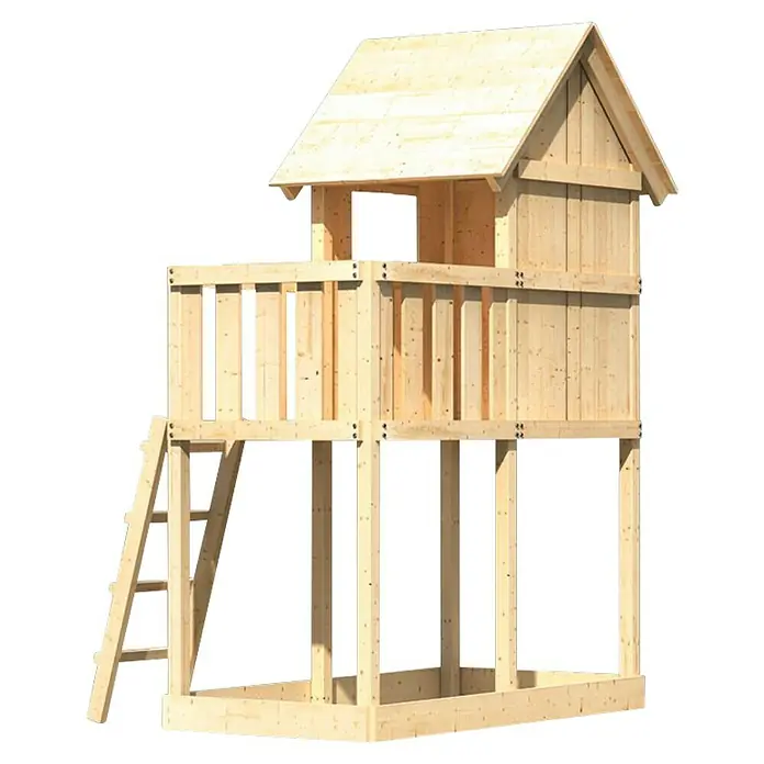 Karibu Kinderspielturm Frieda Set 1 - L x B x H: 202 x 107 x 291 cm, Natur - Bild eines Holzspielhauses mit Leiter und überdachtem Obergeschoss, ideal für Kinder zum Spielen im Freien.