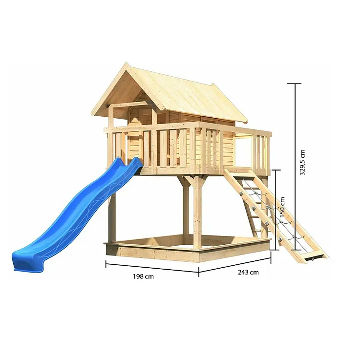 Karibu Kinderspielturm Fidel Set 11 - L x B x H: 243 x 198 x 329,5 cm, Natur/Blau - Abbildung eines Holzspielhauses mit Rutsche, Leiter und Sandkasten, versehen mit Maßangaben für Höhe, Breite und Länge.