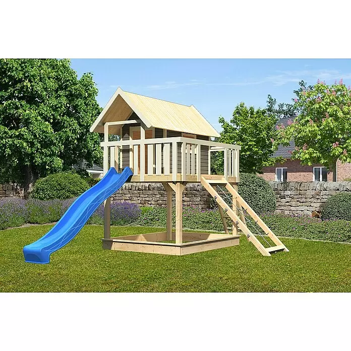 Karibu Kinderspielturm Fidel Set 13 - L x B x H: 243 x 198 x 329,5 cm, Terragrau/Blau - Stimmungsaufnahme