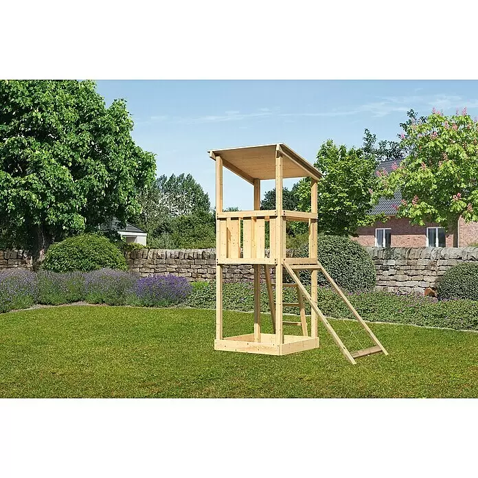 Karibu Kinderspielturm Anna Set 7 - L x B x H: 107 x 107 x 270 cm, Natur - Hölzerner Spielturm mit Sandkastenfunktion und Leiter, für Kinder, naturfarben.