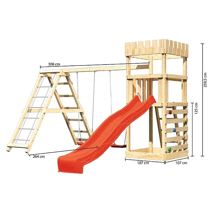 Karibu Kinderspielturm Ritterburg Löwenherz Set 38 - L x B x H: 264 x 415 x 259,5 cm, Natur/Rot - Abbildung eines Spielturms aus Holz mit Rutsche, Schaukel und Kletterwand, ideal für den Garten. Abmessungen sind auch angegeben.