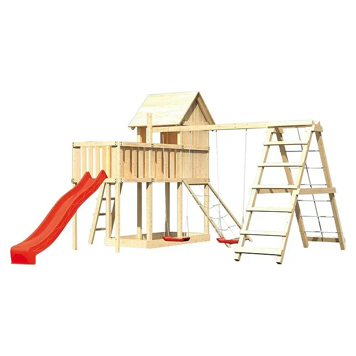 Karibu Kinderspielturm Frieda Set 50 - L x B x H: 309 x 415 x 291 cm, Natur - Hölzernes Spielhaus mit Rutsche, Schaukeln und Klettergerüst. Ideal für stundenlangen Spaß im Garten.
