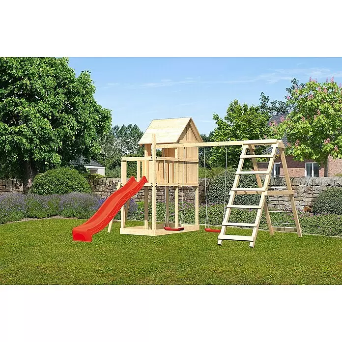 Karibu Kinderspielturm Frieda Set 12 - L x B x H: 264 x 347 x 291 cm, Natur - Hölzerner Spielturm mit Haus, roter Rutsche und Schaukeln.
