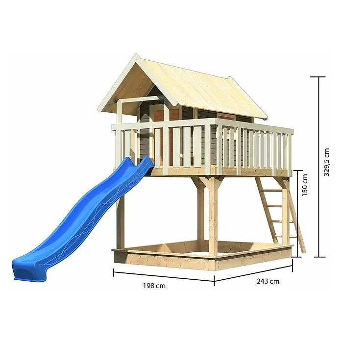 Karibu Kinderspielturm Fidel Set 5 - L x B x H: 243 x 198 x 329,5 cm, Terragrau /Blau - Holzspielhaus mit Rutsche und Sandkasten. Das Spielhaus bietet viel Spaß im Garten und fördert die Fantasie der Kinder.
