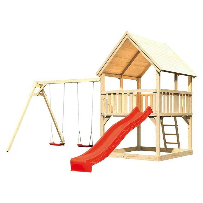 Karibu Kinderspielturm Luis Set 9 - L x B x H: 264 x 440 x 345 cm, Natur/Rot - Holzspielturm mit Rutsche und Schaukel für Kinder zum Spielen im Garten.