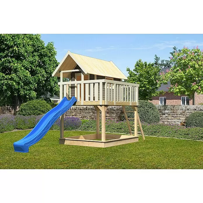 Karibu Kinderspielturm Fidel Set 5 - L x B x H: 243 x 198 x 329,5 cm, Terragrau /Blau - Hölzernes Spielhaus mit blauer Rutsche und integriertem Sandkasten.