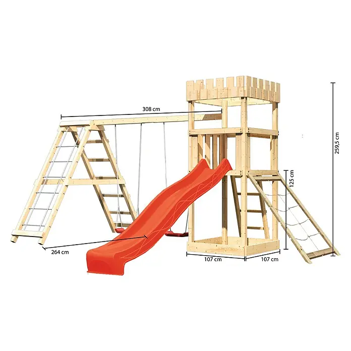 Karibu Kinderspielturm Ritterburg Löwenherz Set 34 - L x B x H: 264 x 415 x 259,5 cm, Natur/Rot - Abbildung eines Spielturms mit Rutsche, Schaukel und Kletterelementen mit Maßangaben.