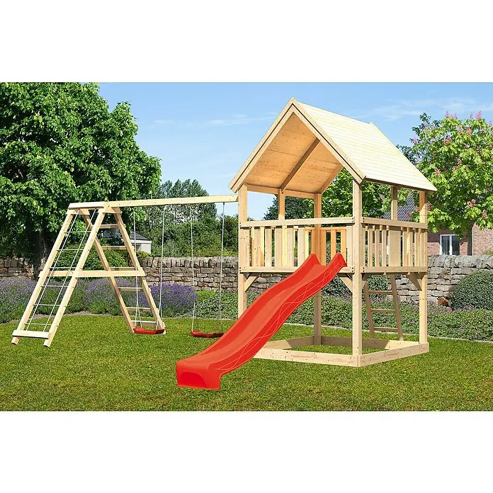 Karibu Kinderspielturm Luis Set 11 - L x B x H: 264 x 508 x 345 cm, Natur/Rot - Holzspielplatz mit Schaukel, Kletterleiter und Rutsche im Garten. Ideal für Kinder zum Spielen und Spaß haben im Freien.