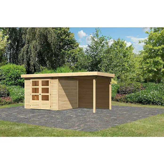Karibu Gartenhaus Askola 3,5 - Außenmaß inkl. Dachüberstand (B x T): 491 x 262 cm, Holz, Natur, Mit Seitendach und Rückwand - Abgebildetes Holzgartenhaus mit Anbau. Optimal für Gartenliebhaber, bietet Stauraum und Unterstand. Robust und wetterfest.