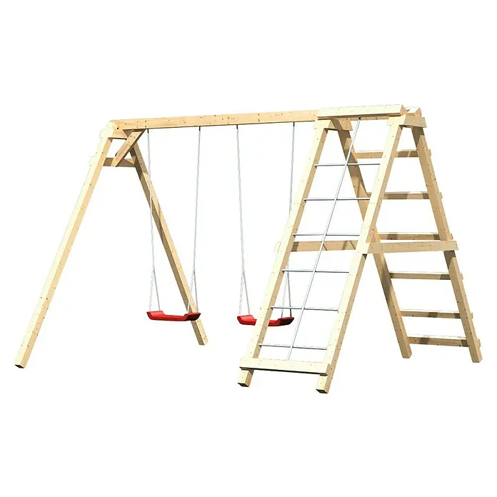 Karibu Doppelschaukel Felix - Schaukel mit Klettergerüst & Netzrampe, L x B x H: 264 x 308 x 213 cm - Holzschaukelgestell mit zwei Schaukeln und einer Kletterleiter. Robustes Design für sicheren Spielspaß im Garten.