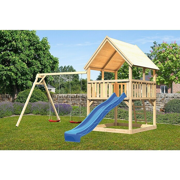 Karibu Kinderspielturm Luis Set 8 (L x B x H: 264 x 440 x 345 cm, Natur/Blau) | BAUHAUS