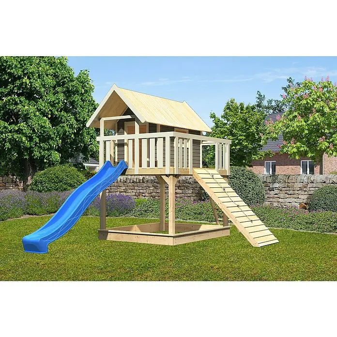 Karibu Kinderspielturm Fidel Set 17 - L x B x H: 243 x 198 x 329,5 cm, Terragrau/Blau - Abenteuerlicher Spielturm mit Rutsche und Kletterrampe für stundenlangen Spaß im Garten. Perfekt für fantasievolles Spielen im Freien.