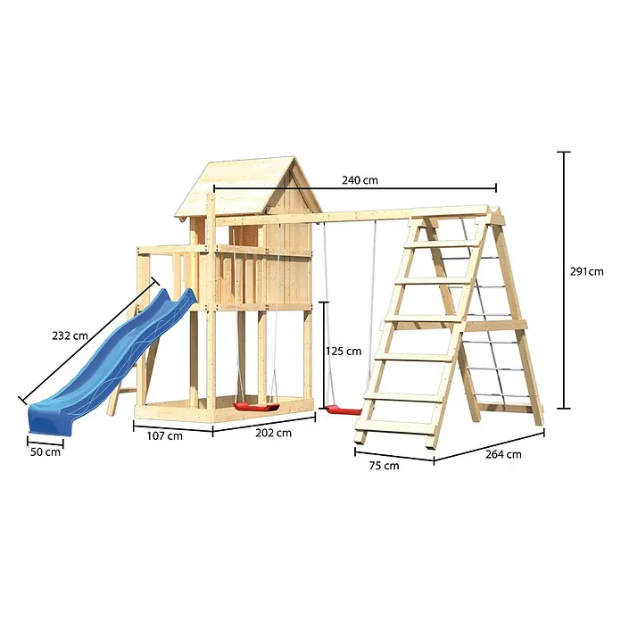 Karibu Kinderspielturm Frieda Set 11 - L x B x H: 264 x 347 x 291 cm, Natur - Abbildung des Spielturms mit Rutsche, Schaukeln und Klettergerüst mit den jeweiligen Abmessungen in Zentimetern.