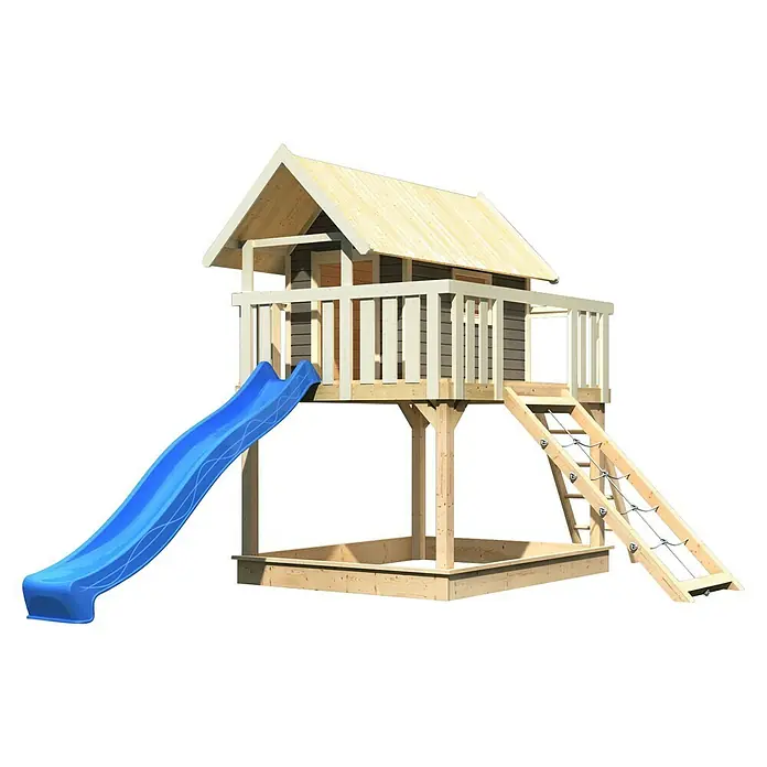 Karibu Kinderspielturm Fidel Set 13 - L x B x H: 243 x 198 x 329,5 cm, Terragrau/Blau - Bild eines Spielturms aus Holz mit Rutsche und Sandkasten.